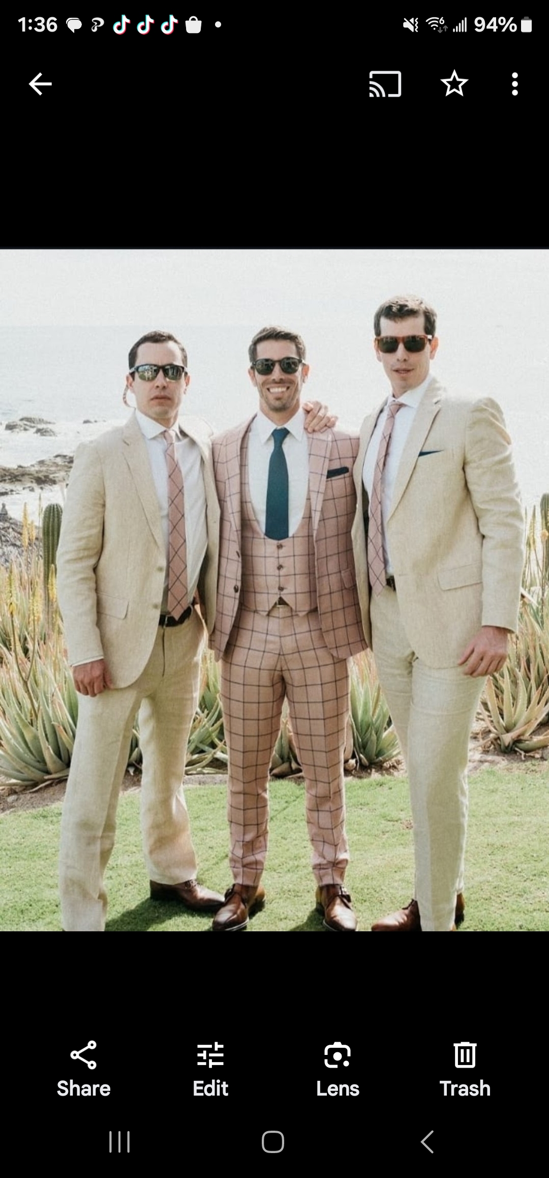 Woody Wilson coastal wedding party beige and pink suits